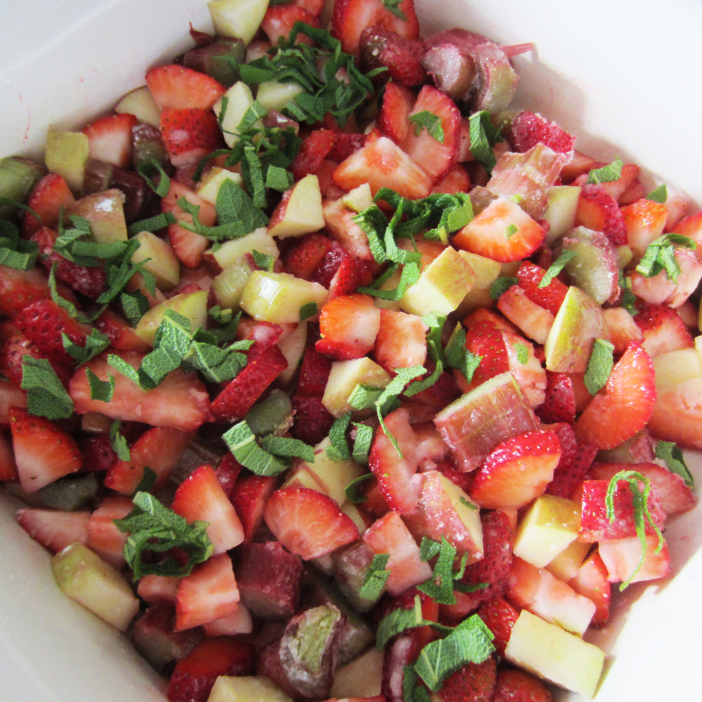 Gluten Free Strawberry Rhubarb Basil & Apple Crisp